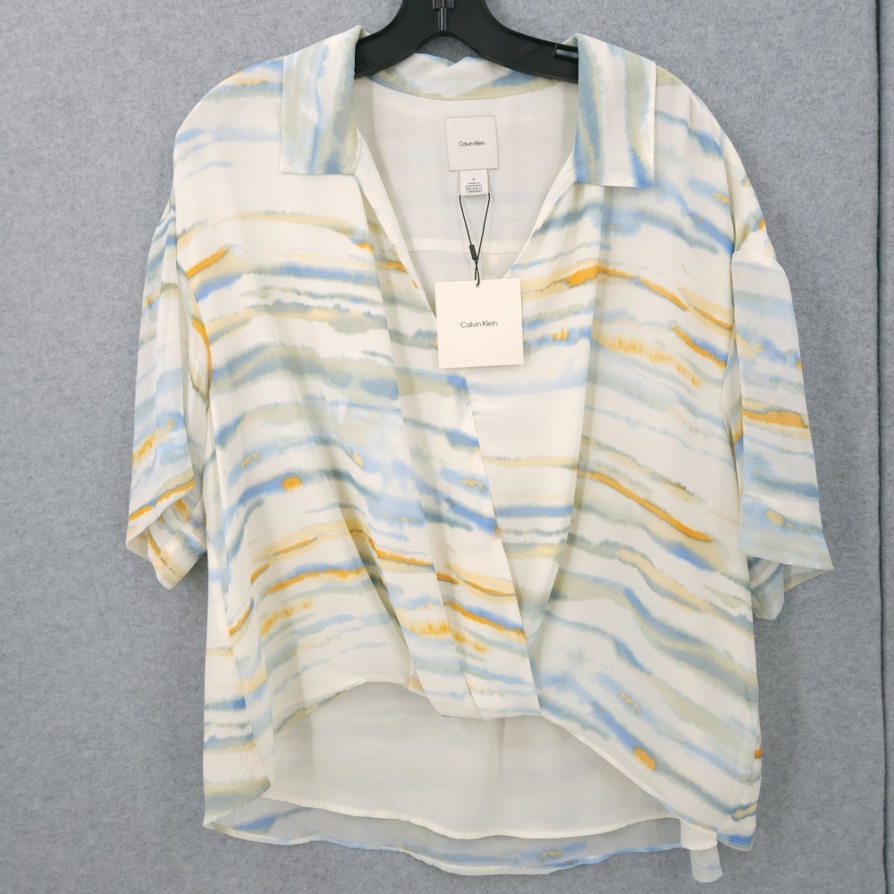 Calvin Klein Chiffon Printed Wrap V Neck Collared Half Sleeve Top Womens M NWT